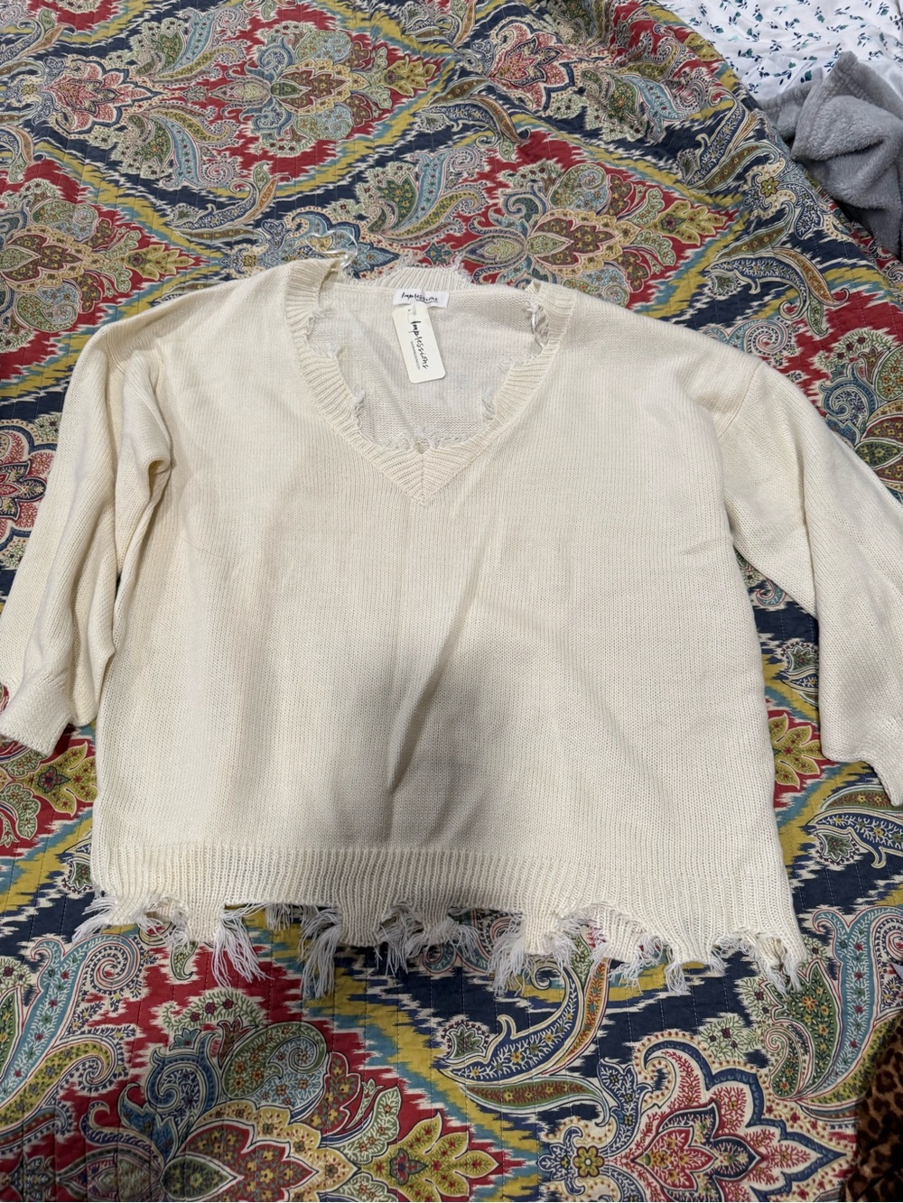 Impressions Cream Distressed V-Neck Sweater